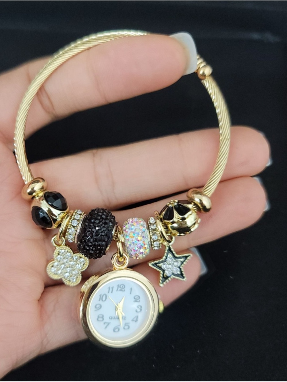 New Gold Tone Women's Charm Bracelet Watch with Black and Crystal Accents